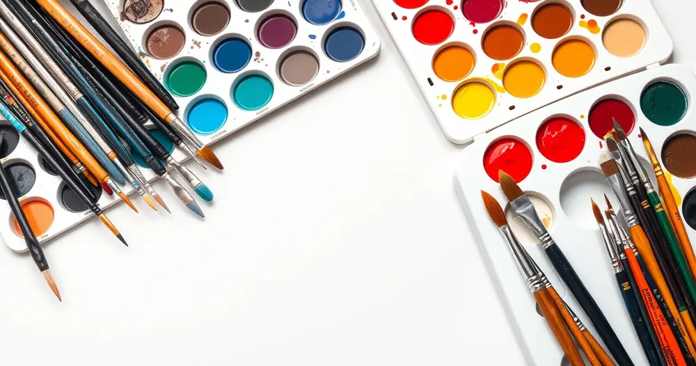 pincéis coloridos e paleta de tinta sobre mesa branca