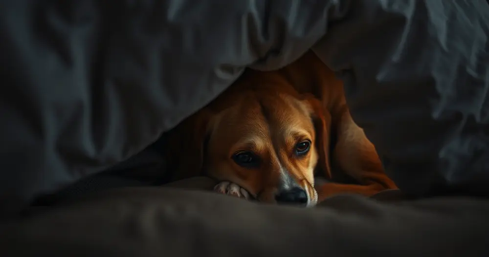 Cão assustado encolhido embaixo de uma cama em quarto com pouca luz, apenas a cabeça visível