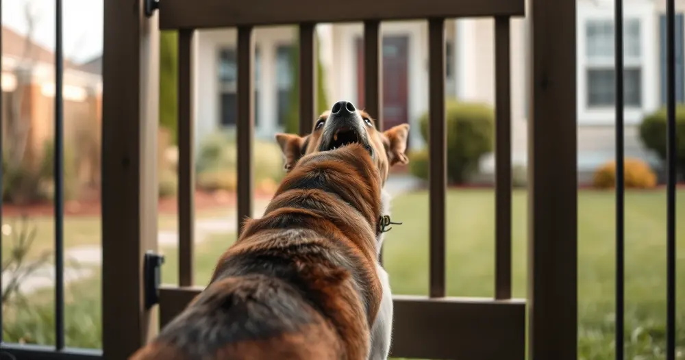 Cão de porte médio latindo junto ao portão da frente visto de dentro do quintal durante o dia