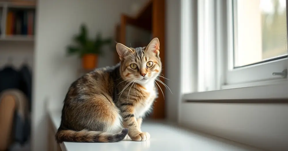 Gato adulto rajado sentado no parapeito de uma janela olhando para a câmera sob luz suave da tarde