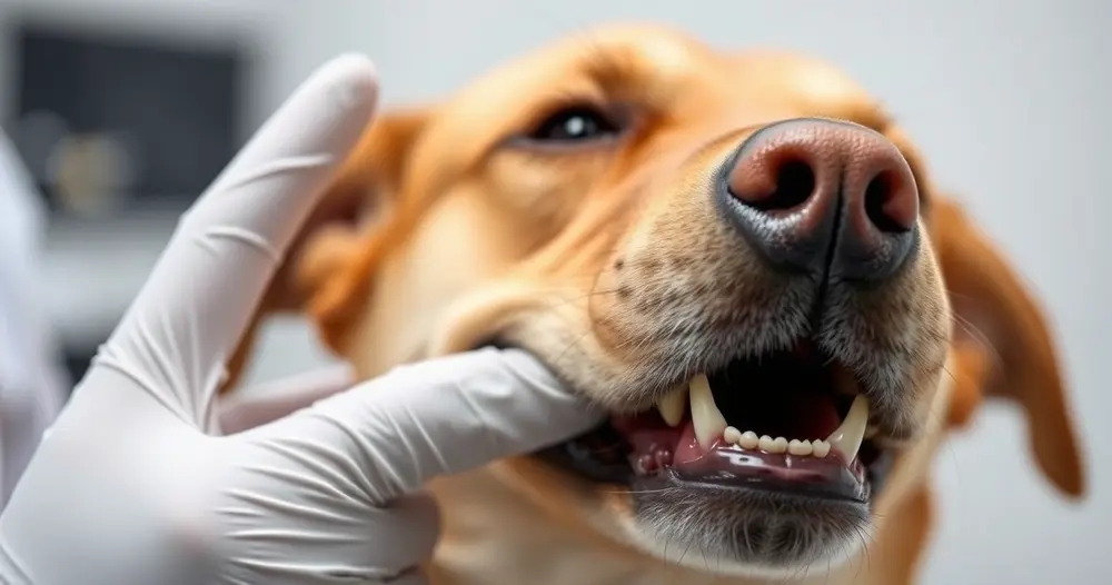 Mão com luva levantando com cuidado o lábio de um cão calmo para observar os dentes