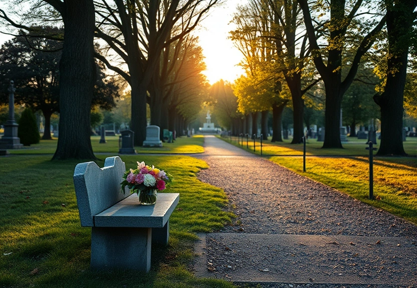 Alameda arborizada de cemitério ao fim da tarde, com flores sobre um banco