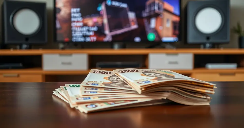 notas de real sobre a mesa em frente a uma televisão ligada