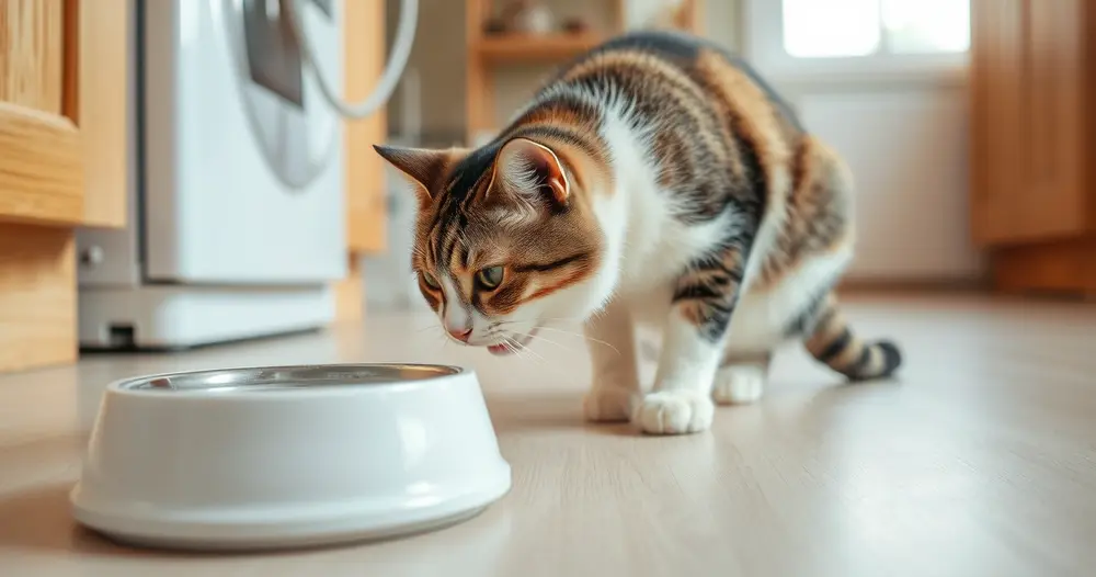 Gato comendo em pote de cerâmica no chão da cozinha com bebedouro ao lado