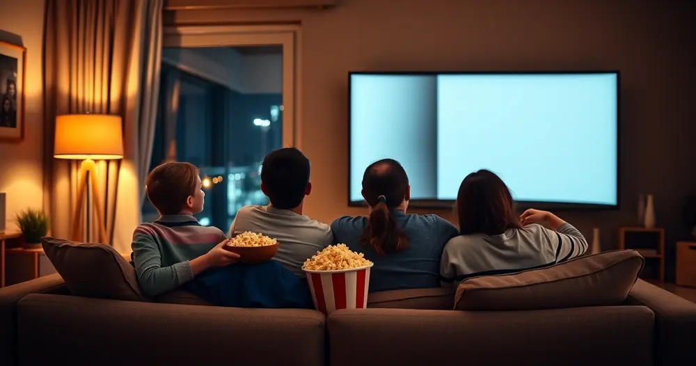 família reunida no sofá assistindo televisão com pipoca