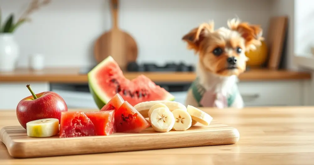 Fatias de maçã, banana e melancia sobre tábua de madeira com cão pequeno observando ao lado
