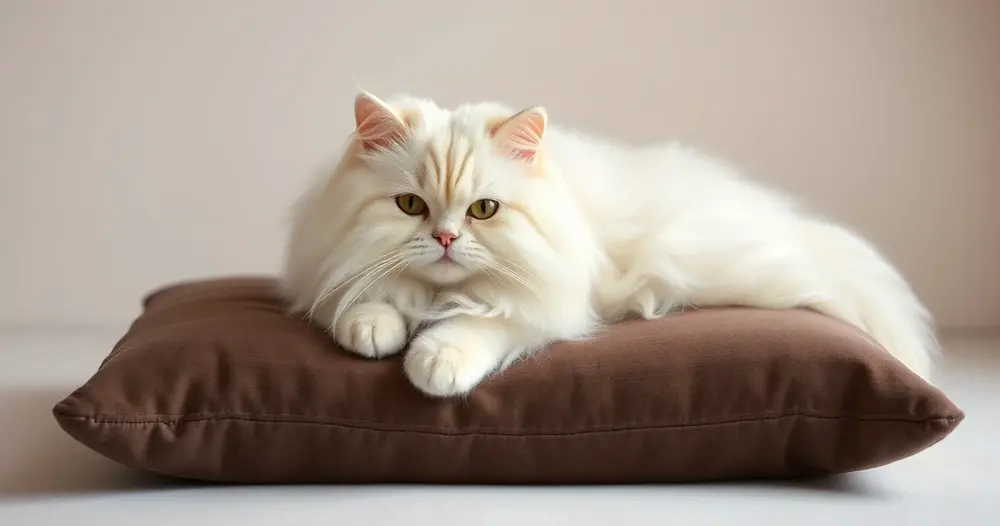 Gato persa branco de pelo longo e focinho achatado descansando sobre almofada de veludo